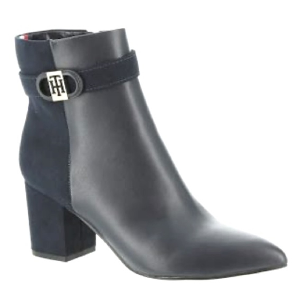 TOMMY HILFIGER BOOTIES ANKLE BOOTS BLOCK HEEL GOLD METAL LOGO ACCENT BLACK